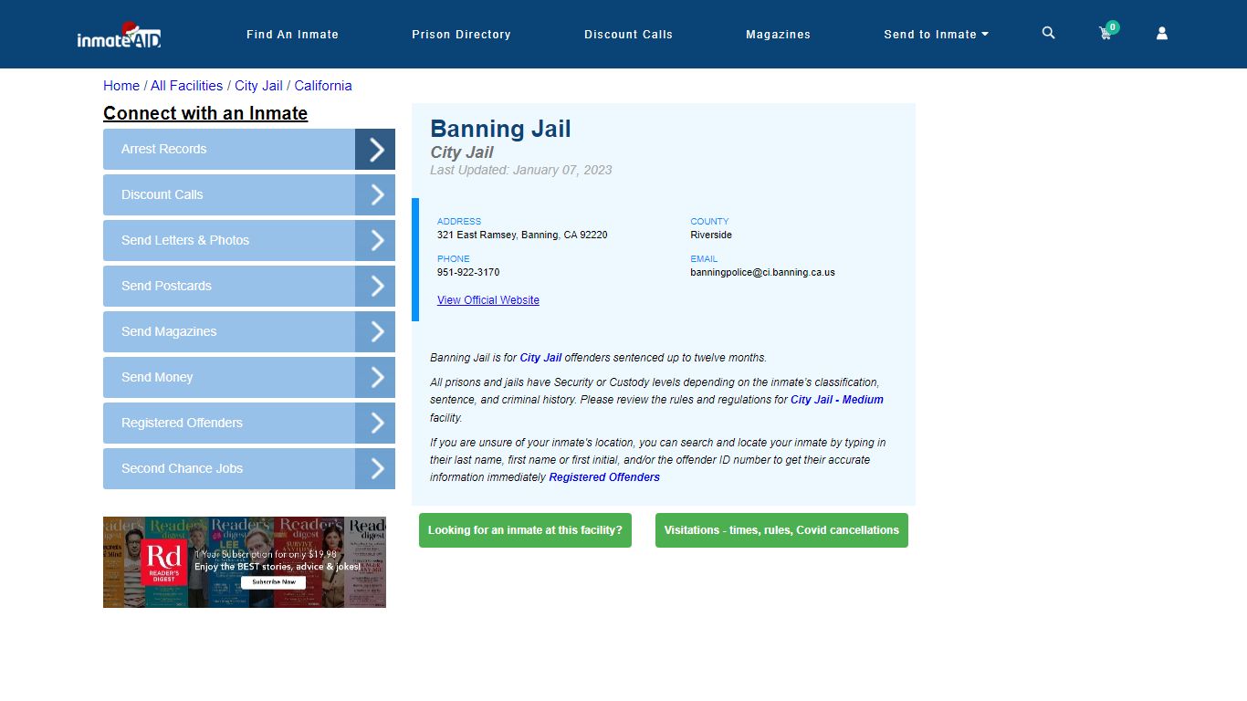 Banning Jail | Inmate Locator